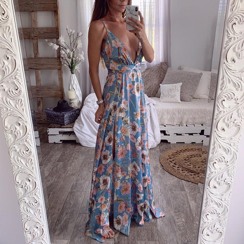 Sexy V Neck Slit Printed Colour Bare Back Sleeveless Dress