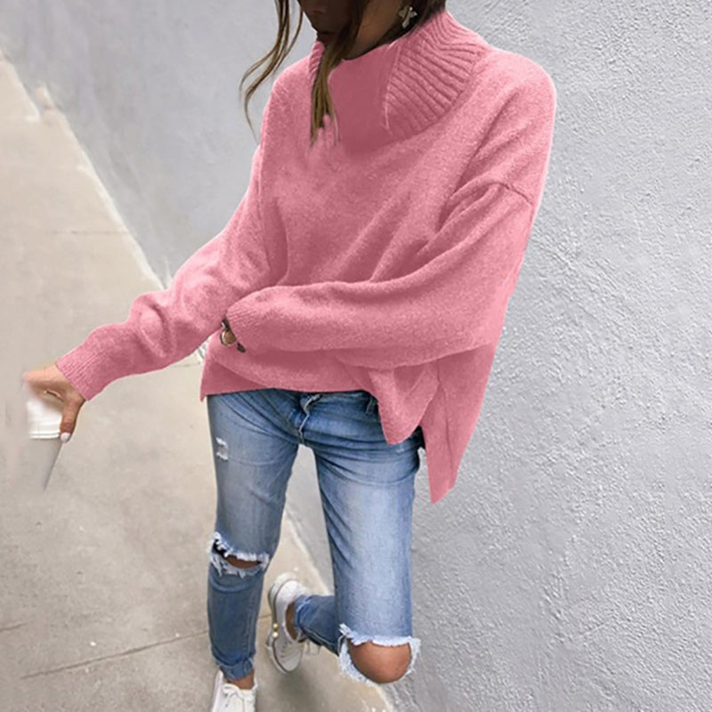 Women's Casual Pure Color High Collar Shoulder Sleeve Sweater