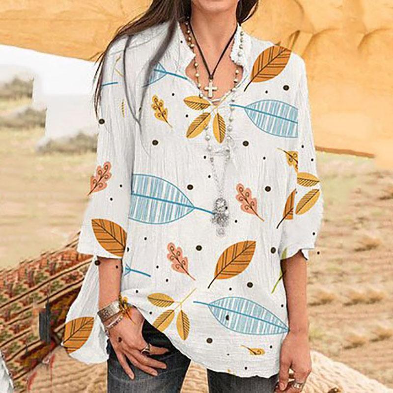 Women's Three-Quarter Sleeve Loose Digital Print Pattern V-Neck Shirt