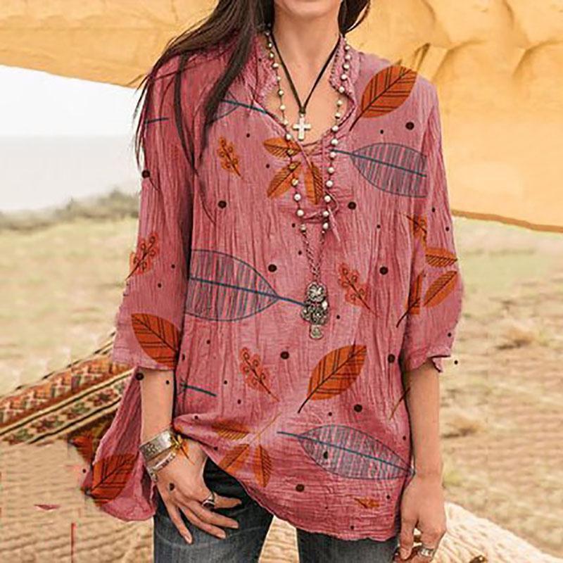 Women's Three-Quarter Sleeve Loose Digital Print Pattern V-Neck Shirt