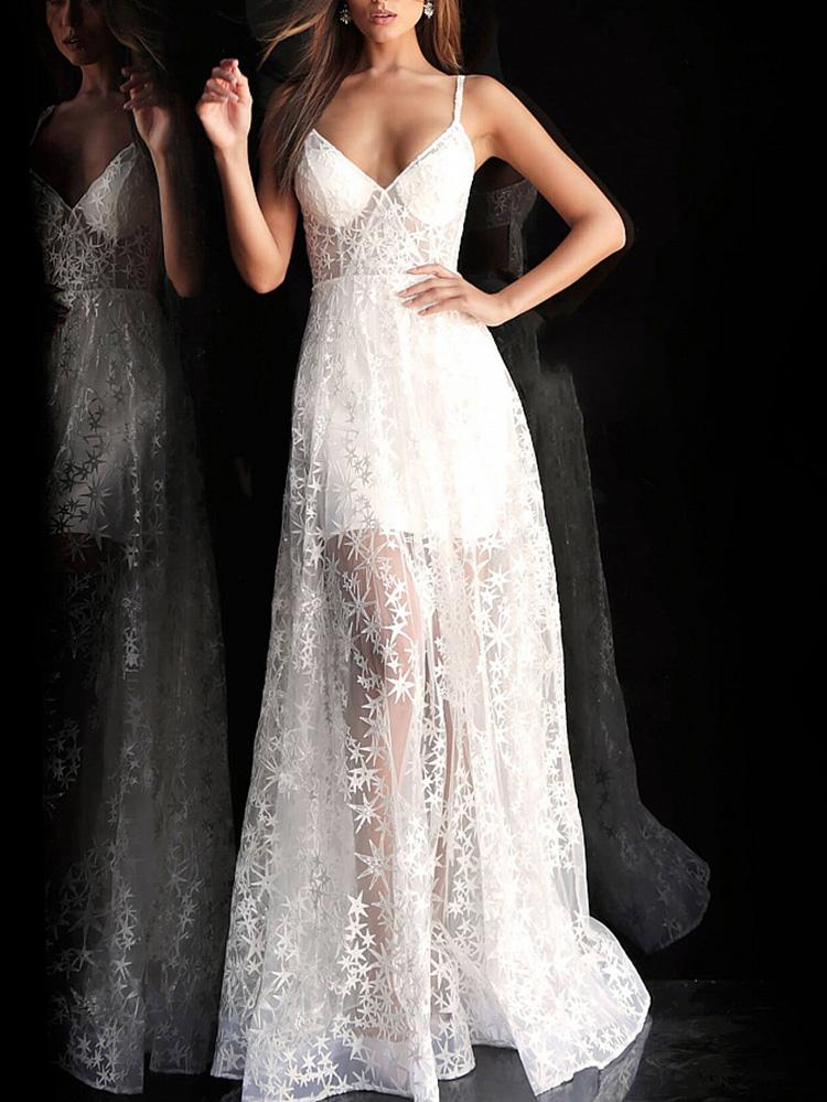 Elegant V Neck Sleeveless See-Through Splicing Evening Dress