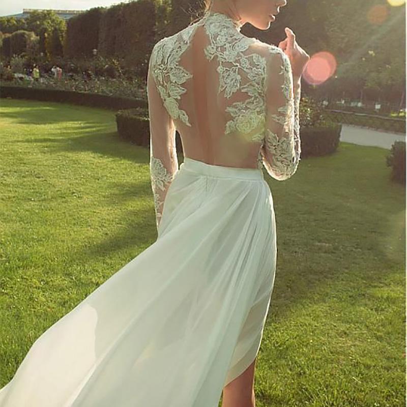Sexy See-Through Pure Colour Splicing long sleeve Evening Dress