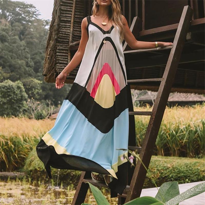 Fashion Sleeveless Stitching Color Maxi Dress