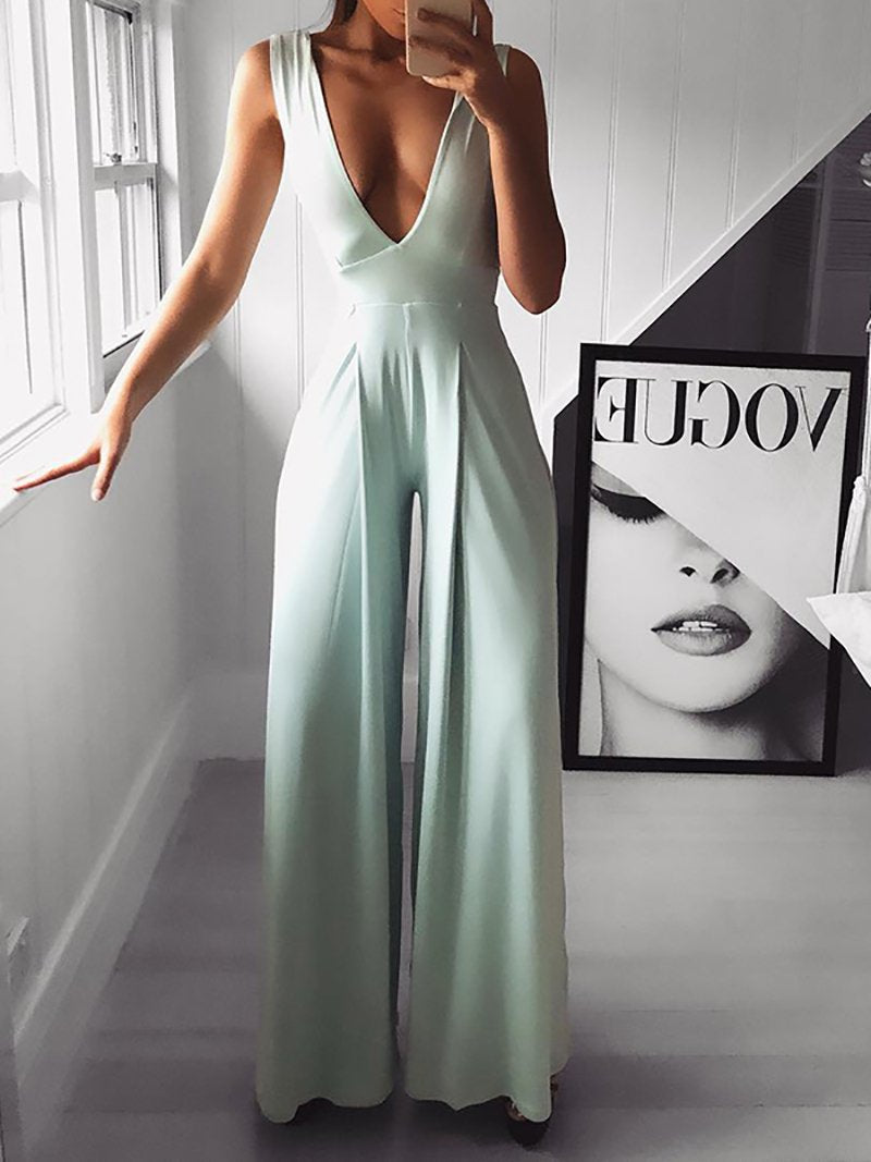 Sexy V Neck  Pure Colour Sleeveless Jumpsuit