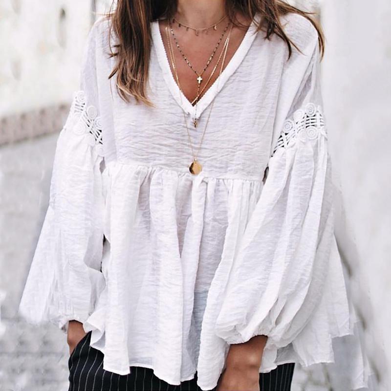 Casual V Neck Bubble Sleeves Lace Splicing Top