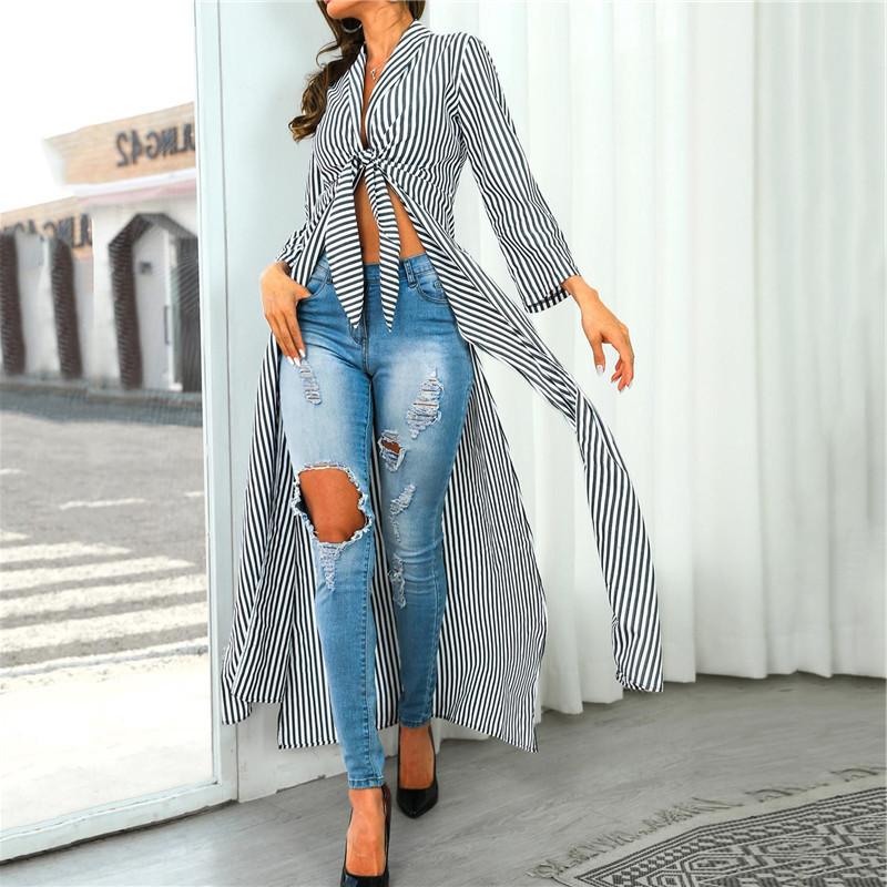 Sexy Striped Bow Long Sleeve Long Cardigan