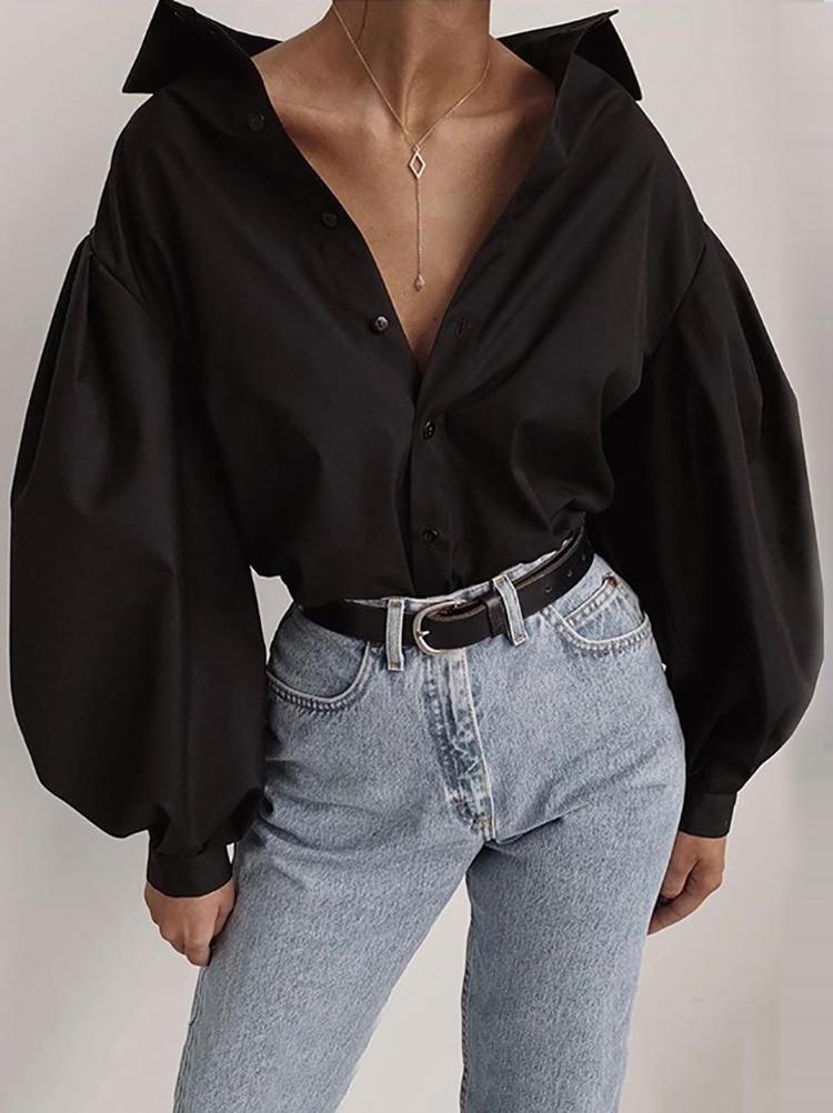 Fashion V Neck Loose Pure Colour Single-Breasted Blouse