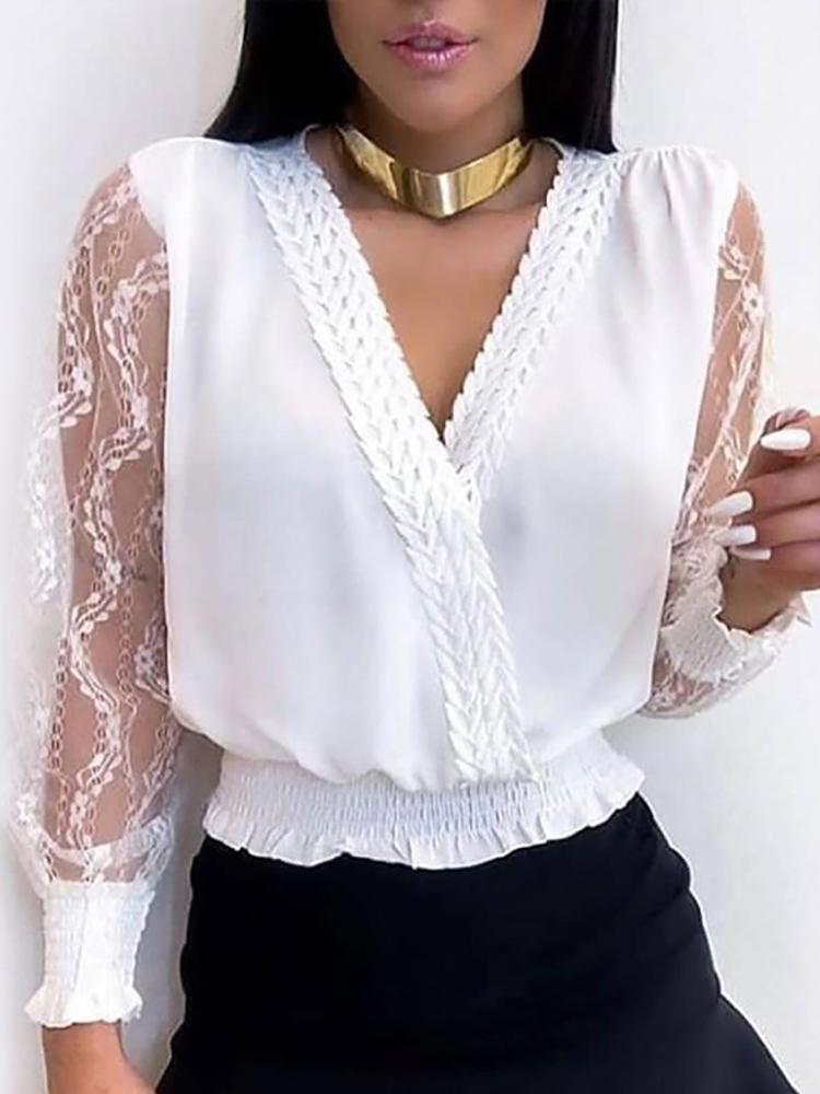 Commuting V Neck Lace Long Sleeve See-Through Top