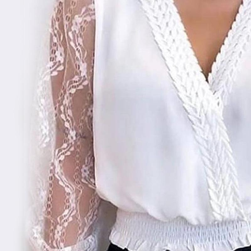 Commuting V Neck Lace Long Sleeve See-Through Top