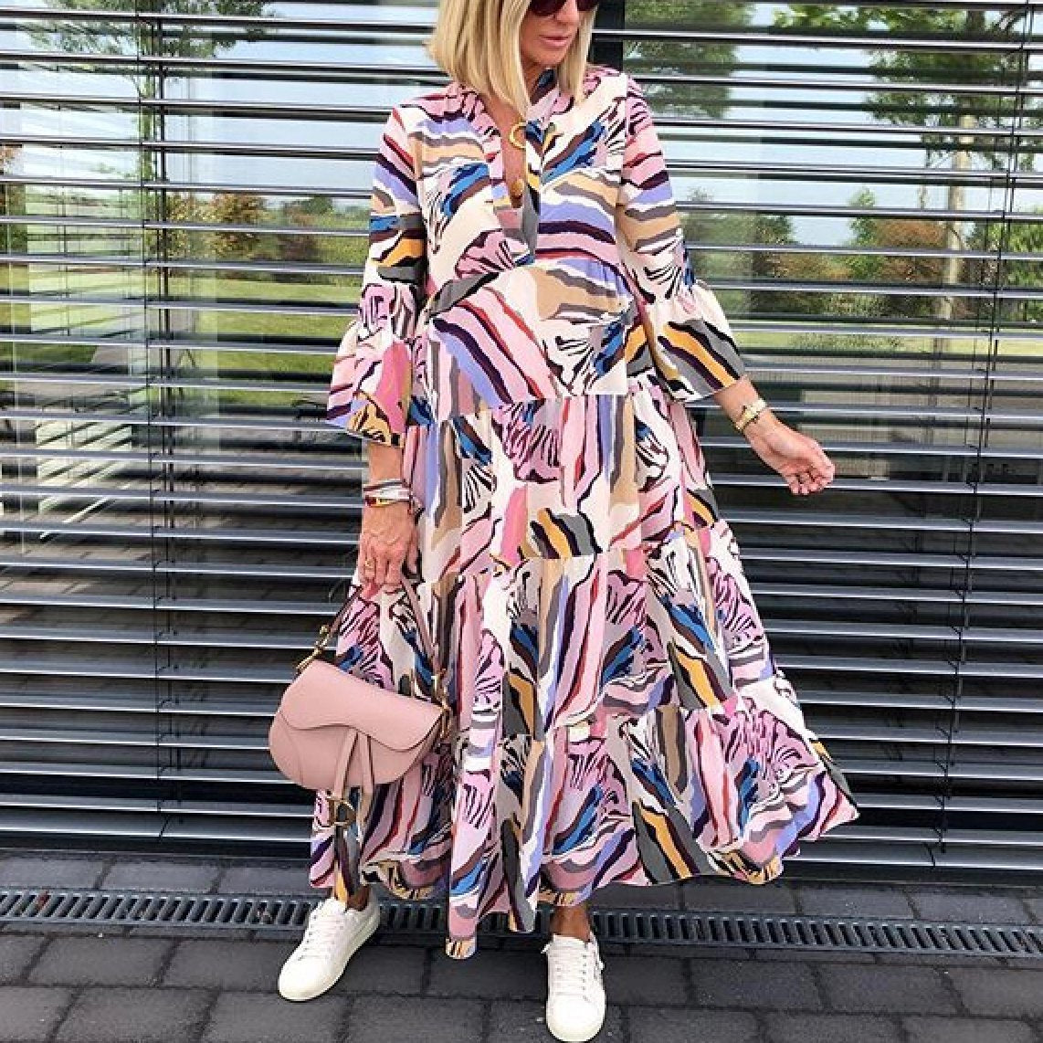 Casual Printed Colour V Neck long sleeves Maxi Dress