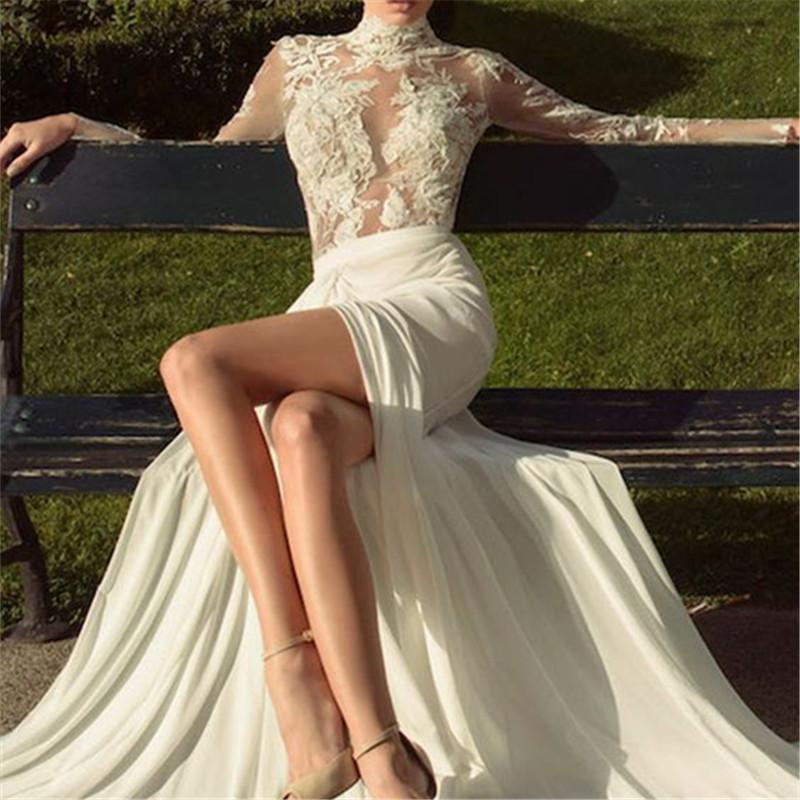 Sexy High Collar Lace Stitching Perspective long sleeves Evening Dresses