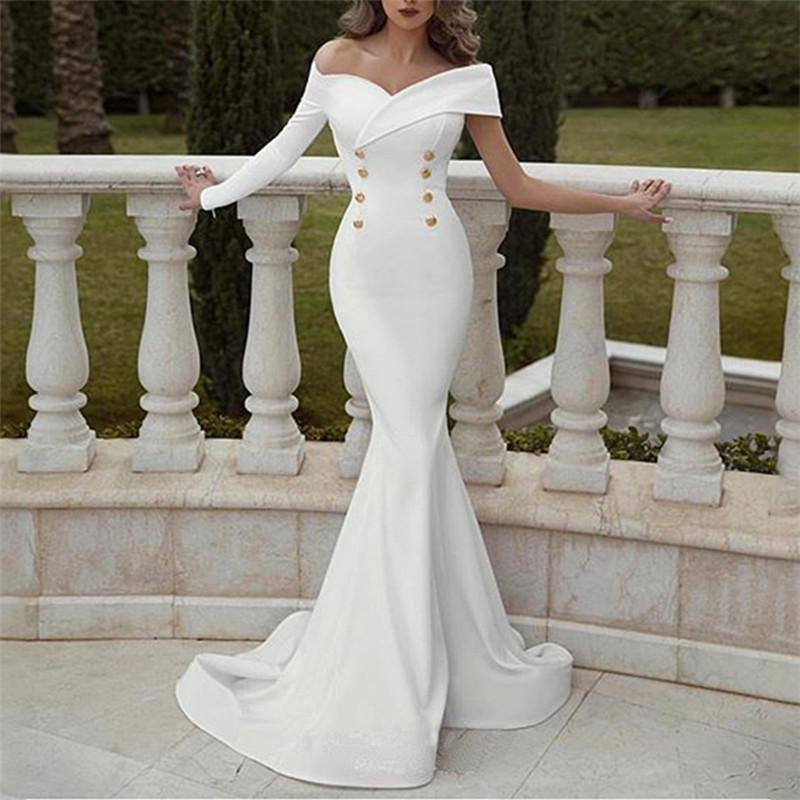 Sexy Single Sleeve Double Row Buttoned Fish Tail long sleeves Evening Dresses
