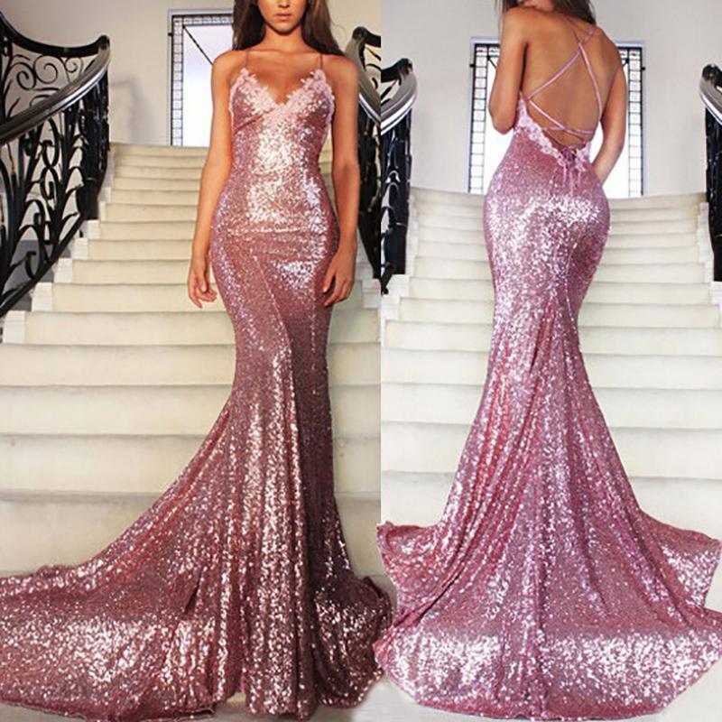 Women's Sexy Sling Sequin V-Neck sleeveless Evening Gown