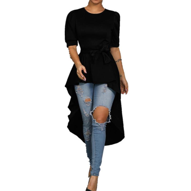 Fashionable Pure Color Middle Sleeve Irregular Long Top