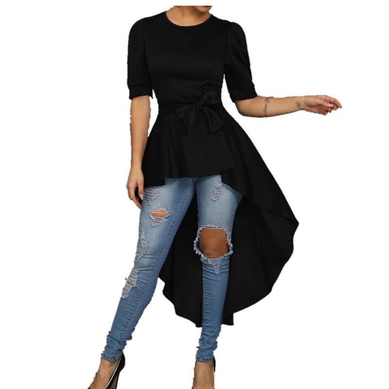 Fashionable Pure Color Middle Sleeve Irregular Long Top