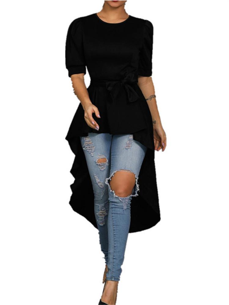 Fashionable Pure Color Middle Sleeve Irregular Long Top