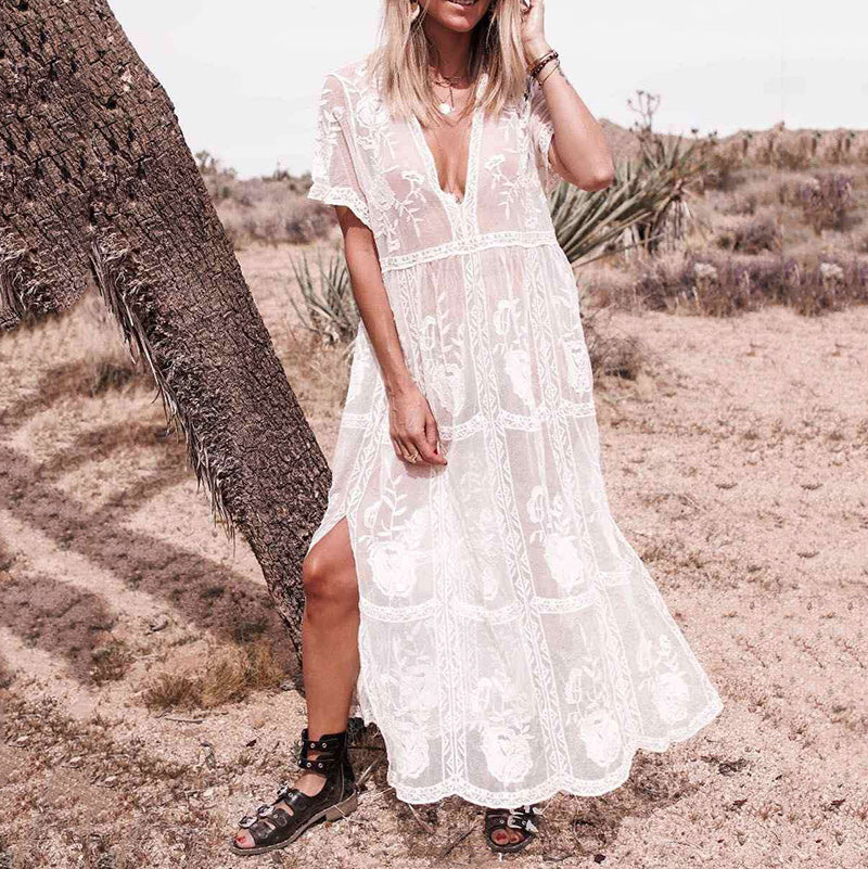 Fashion V Neck short sleeves Hollow Out Printed Colour See-Through Maxi Dress