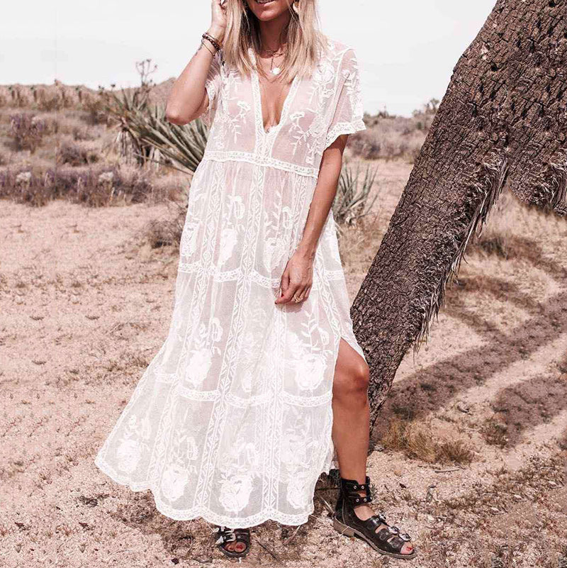 Fashion V Neck short sleeves Hollow Out Printed Colour See-Through Maxi Dress