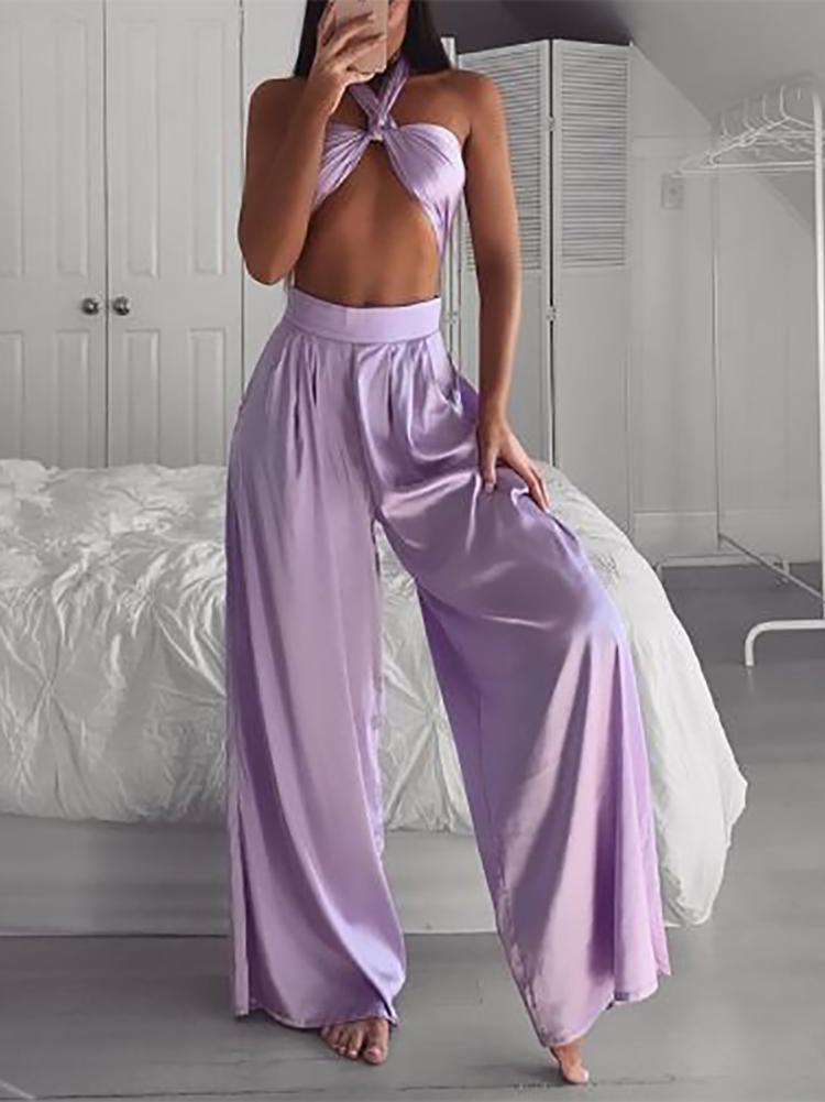 Sexy Bare Back Sleeveless Belted Pure Colour High-Waist Pants