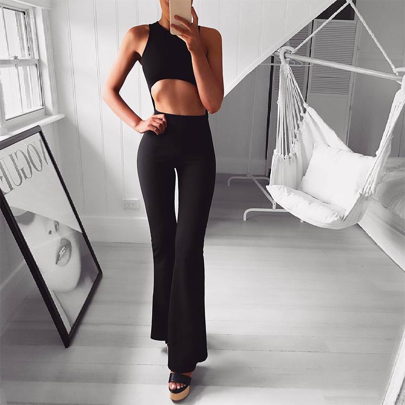 Sexy Round Neck Hollow Out Sleeveless Pure Colour Jumpsuit