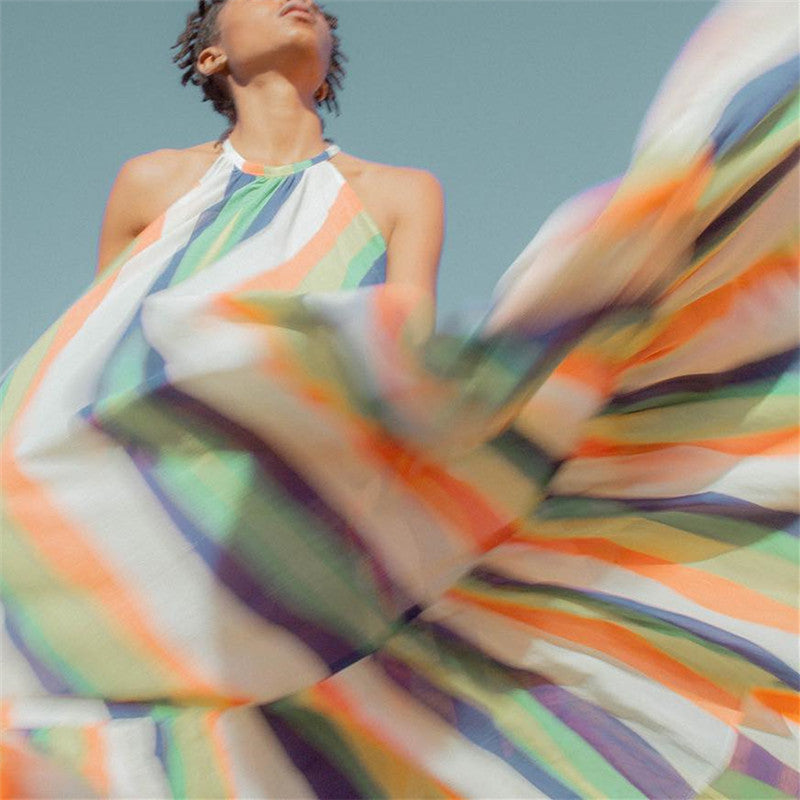 Fashion Sleeveless Color Stripe Stitching Maxi Dress