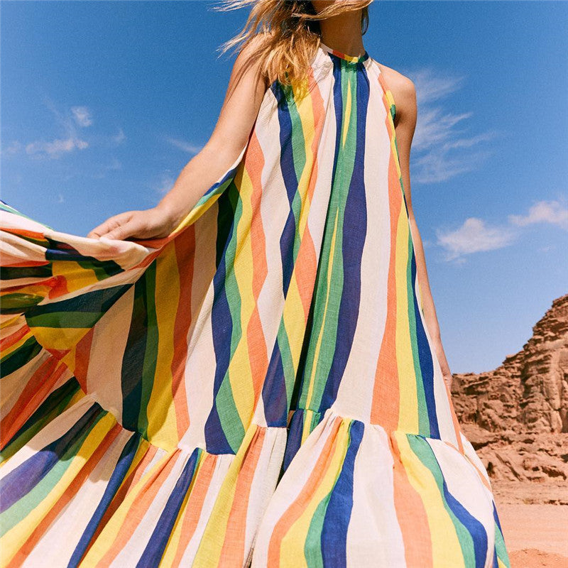 Fashion Sleeveless Color Stripe Stitching Maxi Dress