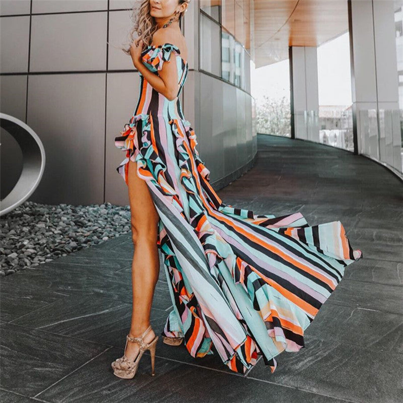 Fashionless Color Stripe Stitching Irregular sleeveless Maxi Dresses