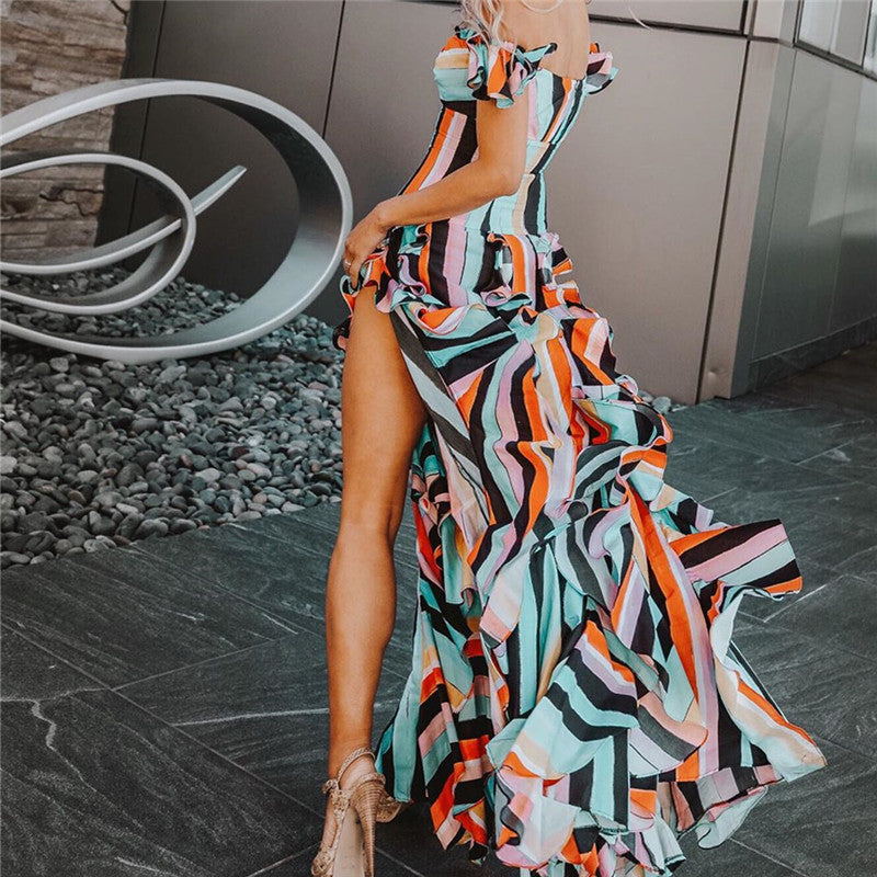 Fashionless Color Stripe Stitching Irregular sleeveless Maxi Dresses
