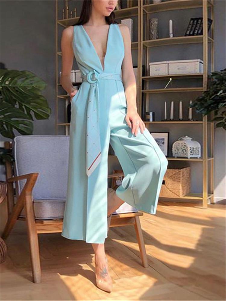 Sexy Deep V Sleeveless Slim Wide Legs Jumpsuits