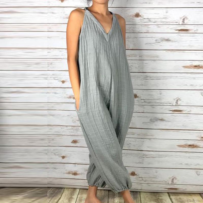 Fashionable Loose V-Neck Solid Color Jumpsuit