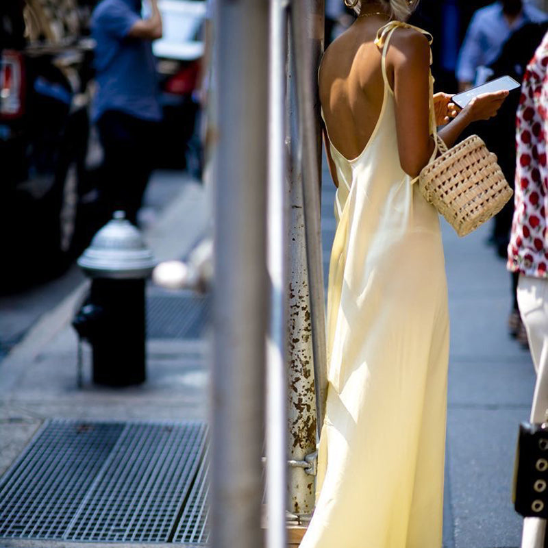 Classy Ruffled V Neck sleeveless Bare Back Sling Dress