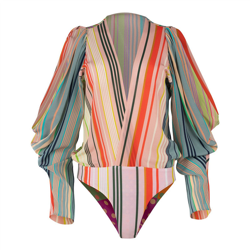 Fashion V-Neck Color Striped Long-Sleeved Shirt Skirt Suits