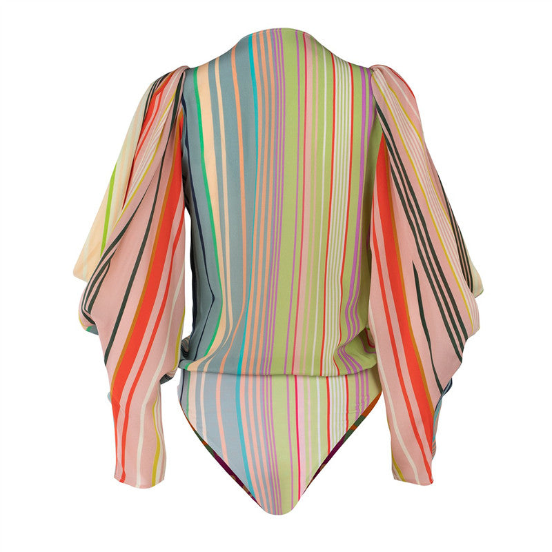 Fashion V-Neck Color Striped Long-Sleeved Shirt Skirt Suits