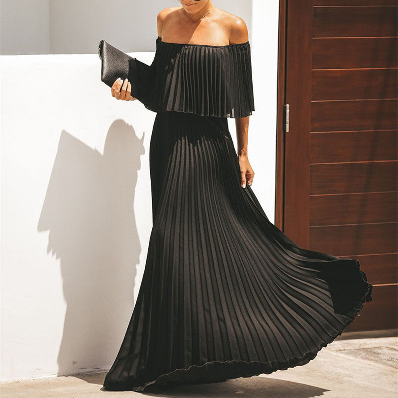 Sexy Solid Color One Word Collar Pleated Maxi Dresses