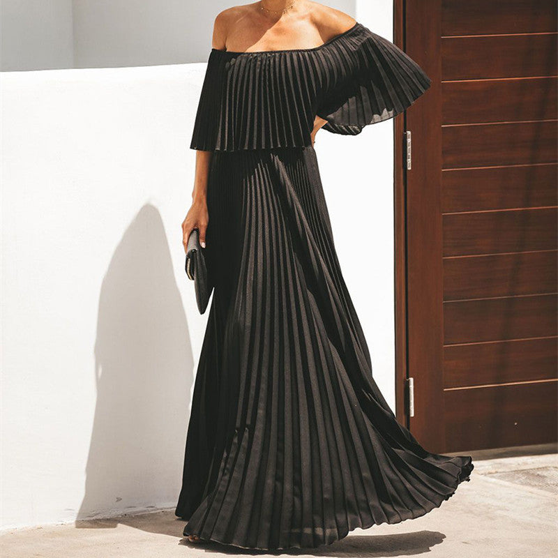 Sexy Solid Color One Word Collar Pleated Maxi Dresses
