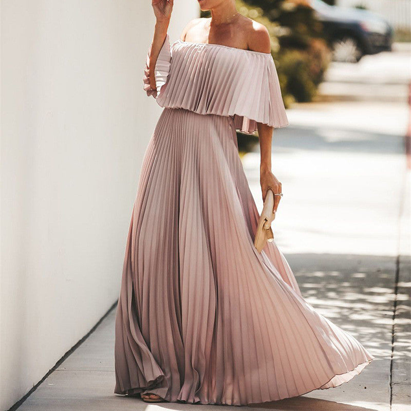 Sexy Solid Color One Word Collar Pleated Maxi Dresses