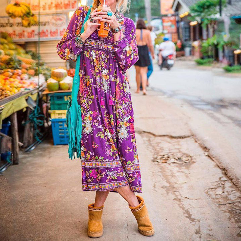 Fashion Ethnic Print Long Sleeve Dress