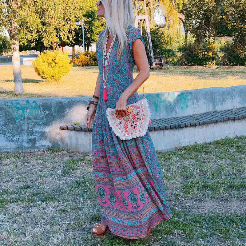 Bohemian V Neck Short Sleeve Floral Pattern Loose Dress