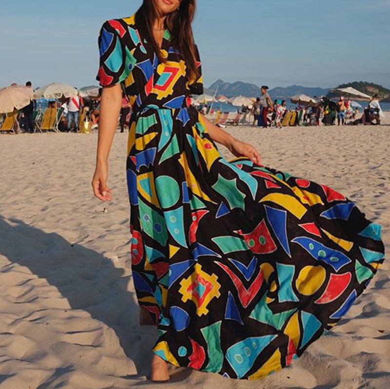 Bohemian V Neck Printed Colour Short Sleeve High-Waist Dress