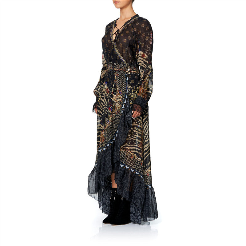 Bohemian Printed V-Neck Long Sleeve Irregular Dresses