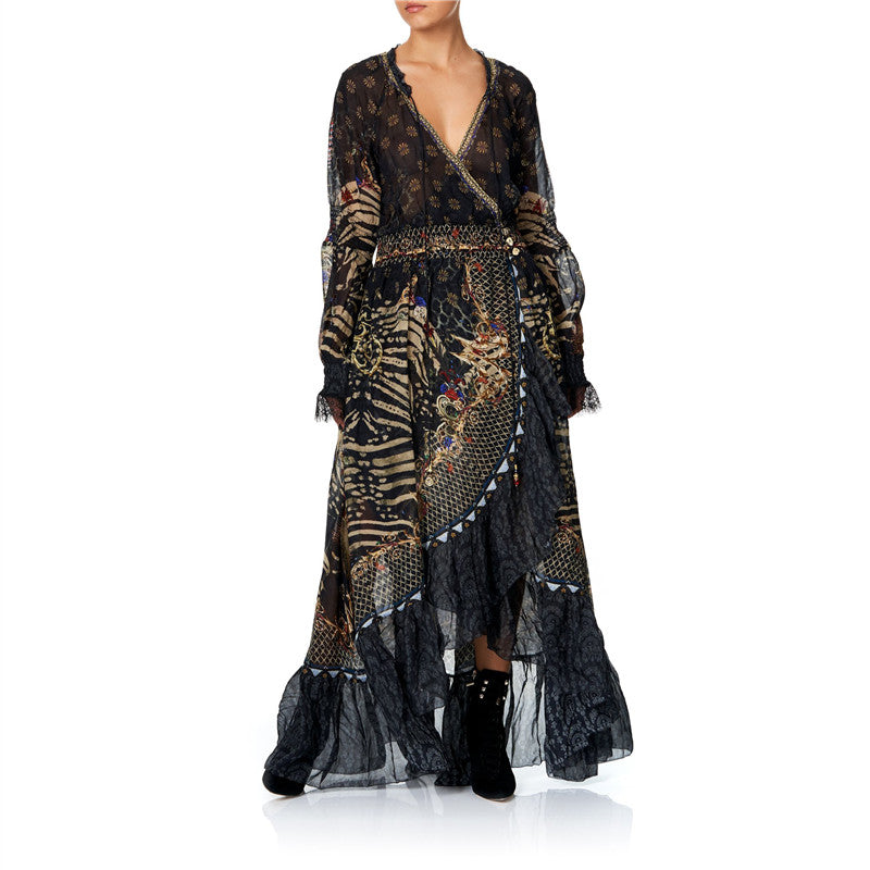 Bohemian Printed V-Neck Long Sleeve Irregular Dresses