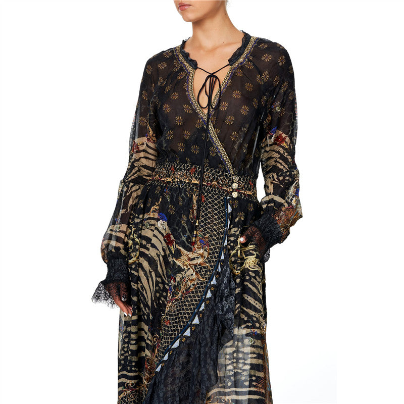 Bohemian Printed V-Neck Long Sleeve Irregular Dresses