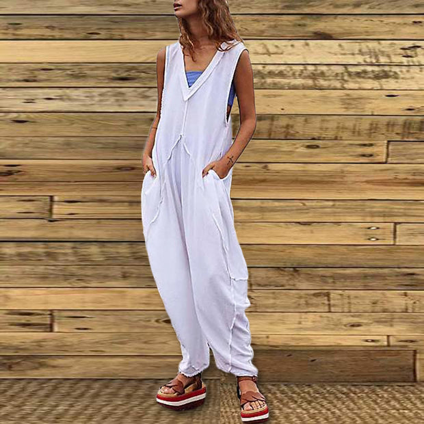 Women's Simple Solid Color V-Neck Sleeveless Jumpsuit