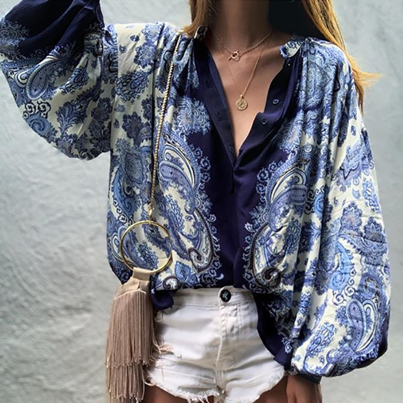 Fashion V Neck Printed Colour Single-Breasted Long Sleeve Top