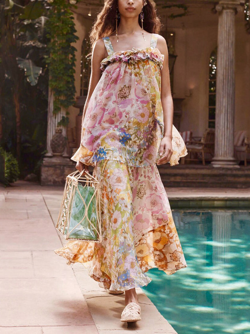 Bohemian Sleeveless Floral Pattern Chiffon Loose Maxi Dress