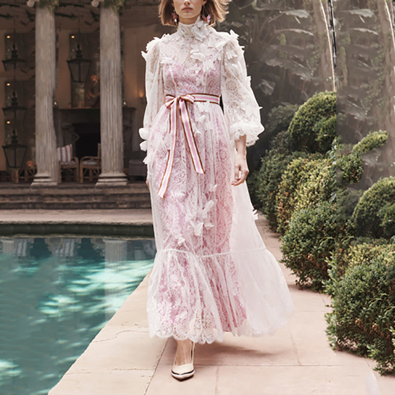 Elegant High-Waist Belted Floral Pattern long sleeve Maxi Dress