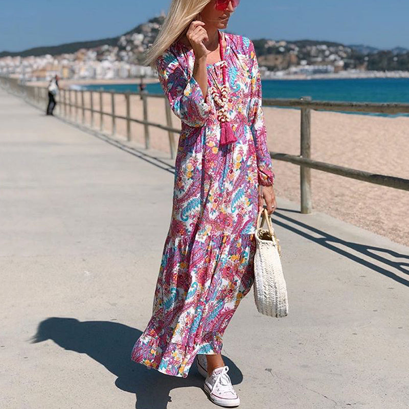 Bohemian V Neck Long Sleeve Floral Pattern Loose Dress