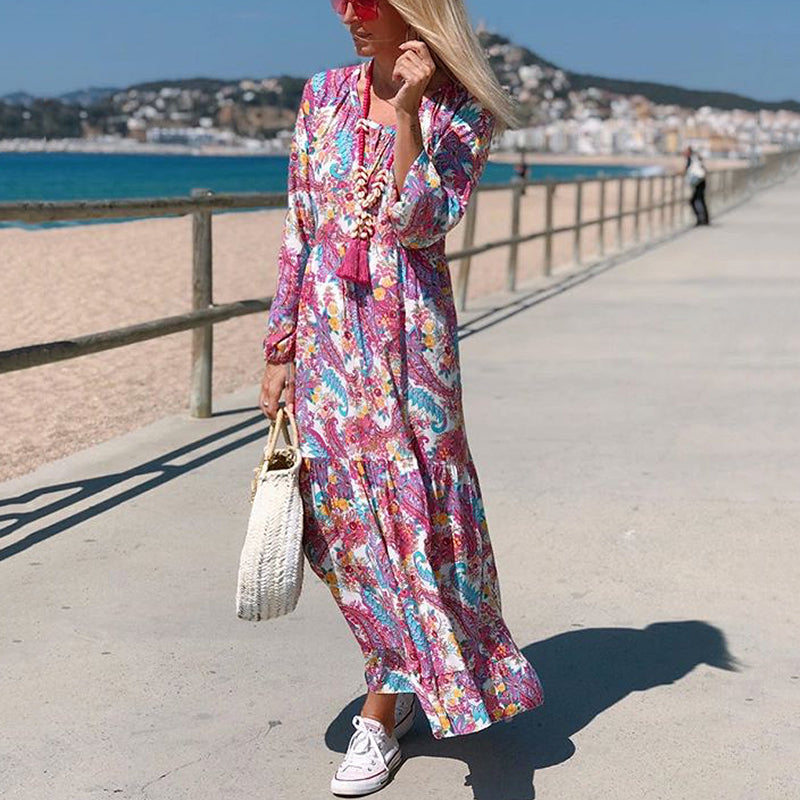 Bohemian V Neck Long Sleeve Floral Pattern Loose Dress