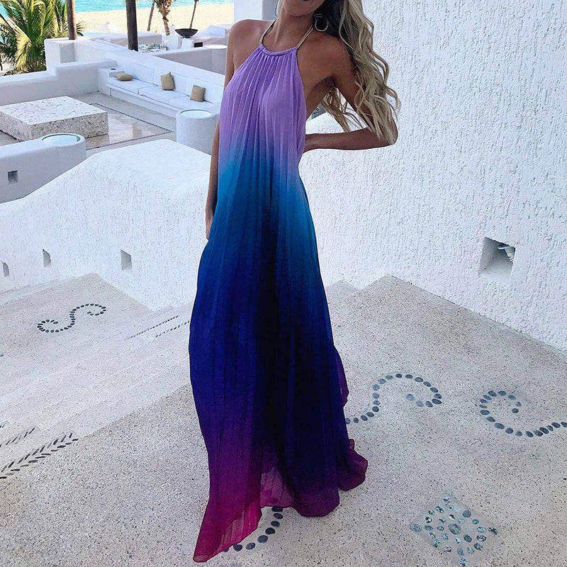Elegant Round Neck Sleeveless Contrast Color Bare Back Dress