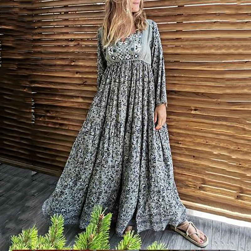 Athleisure Floral Pattern Long Sleeve Round Neck Loose Dress